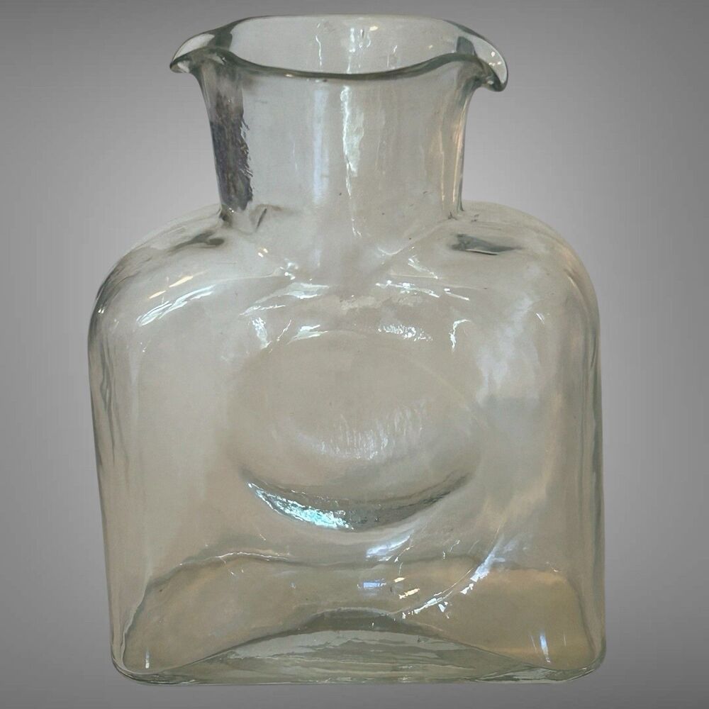 Vintage Blenko Clear Art Glass 8” Double Spout Pitcher Water Carafe Bottle